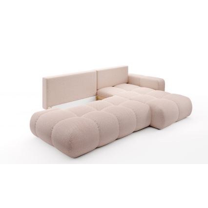 Sofá cama esquinero tapizado en L ALMADA, con arcón, orientación derecha, rosa