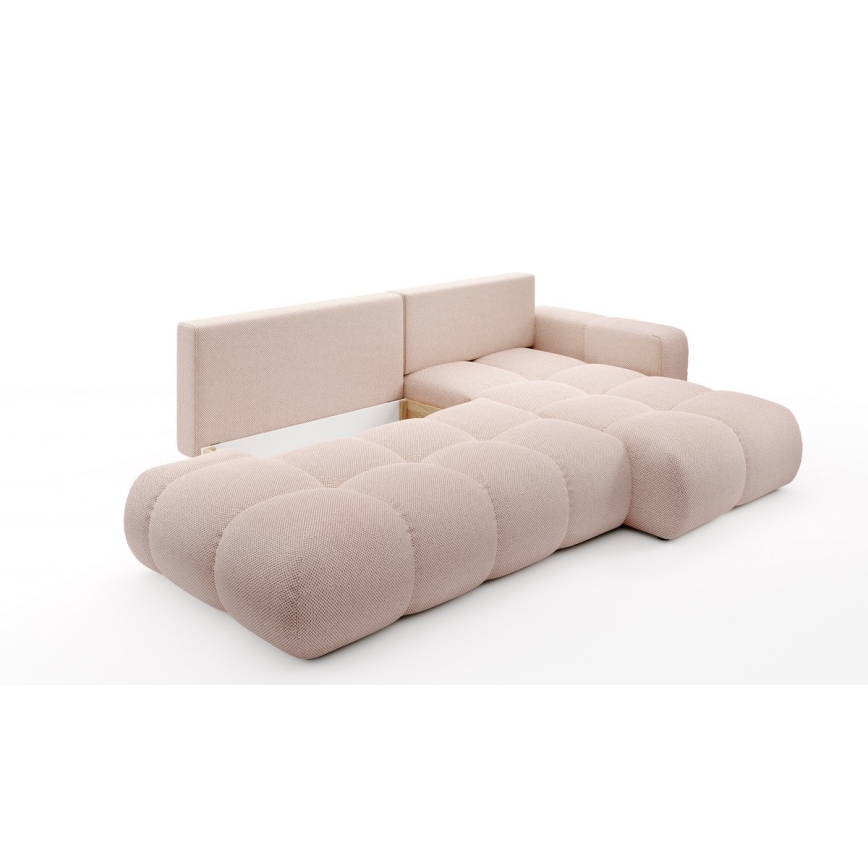Sofá cama esquinero tapizado en L ALMADA, con arcón, orientación derecha, rosa