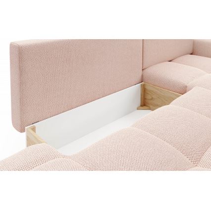 Sofá cama esquinero tapizado en L ALMADA, con arcón, orientación derecha, rosa