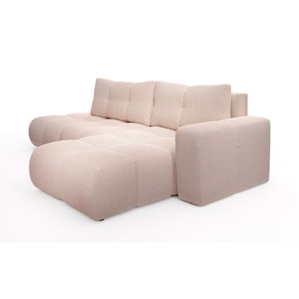 Sofá cama esquinero tapizado en L ALMADA, con arcón, orientación derecha, rosa