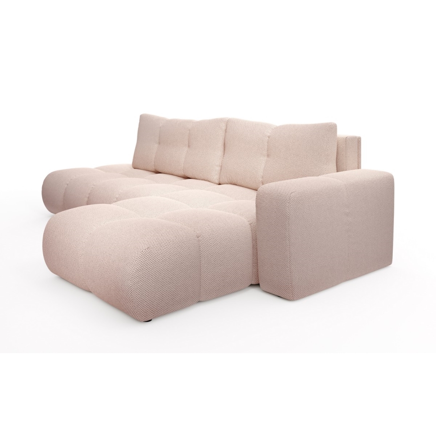 Sofá cama esquinero tapizado en L ALMADA, con arcón, orientación derecha, rosa