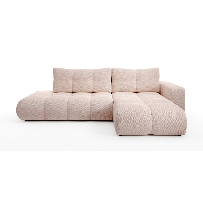 Sofá cama esquinero tapizado en L ALMADA, con arcón, orientación derecha, rosa
