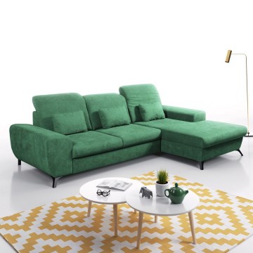 Sofá cama esquinero tapizado ALTA en L, configuración derecha, verde, con arcón de almacenamiento