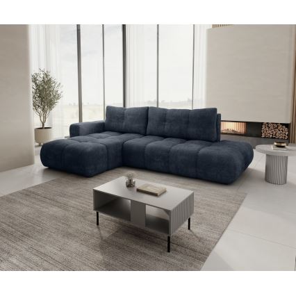 Sofá esquinero tapizado convertible en cama con arcón de almacenamiento en L ALMADA, orientación izquierda, azul