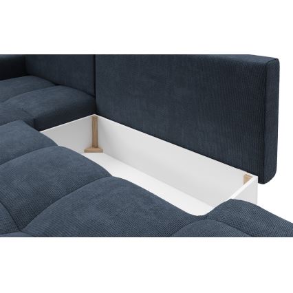 Sofá esquinero tapizado convertible en cama con arcón de almacenamiento en L ALMADA, orientación izquierda, azul