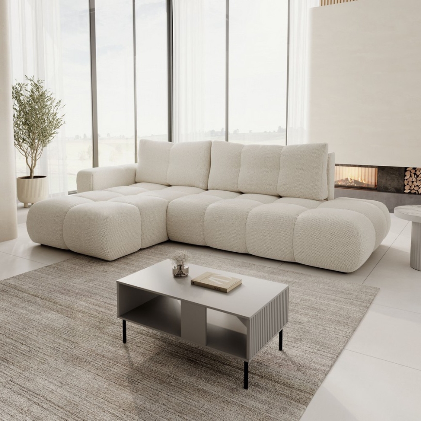 Sofá cama esquinero tapizado con arcón en L ALMADA, izquierdo, beige claro