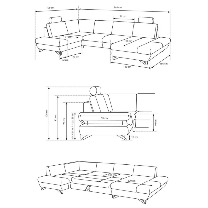 Sofá cama esquinero tapizado en U con arcón AVESTA antracita