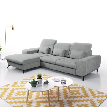 Sofá cama esquinero tapizado en forma de L ALTA, con arcón de almacenaje, versión izquierda, gris