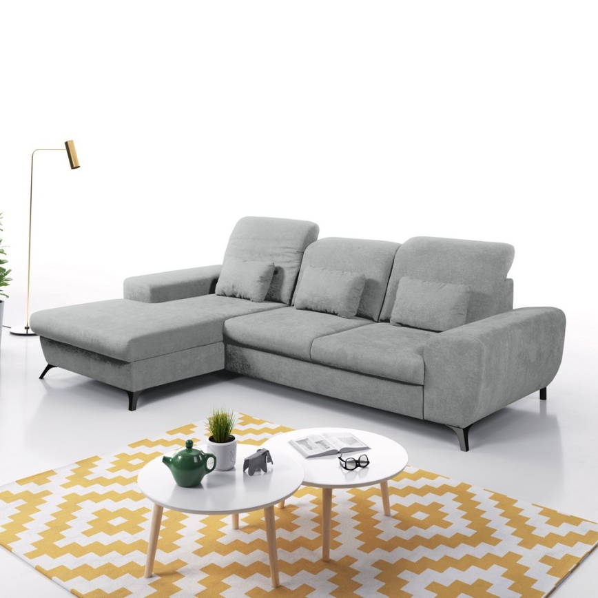 Sofá cama esquinero tapizado en forma de L ALTA, con arcón de almacenaje, versión izquierda, gris