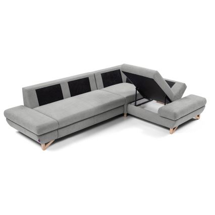 Sofá esquinero tapizado convertible en cama con arcón de almacenamiento en L AVESTA, orientación derecha, gris