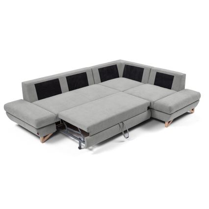 Sofá esquinero tapizado convertible en cama con arcón de almacenamiento en L AVESTA, orientación derecha, gris