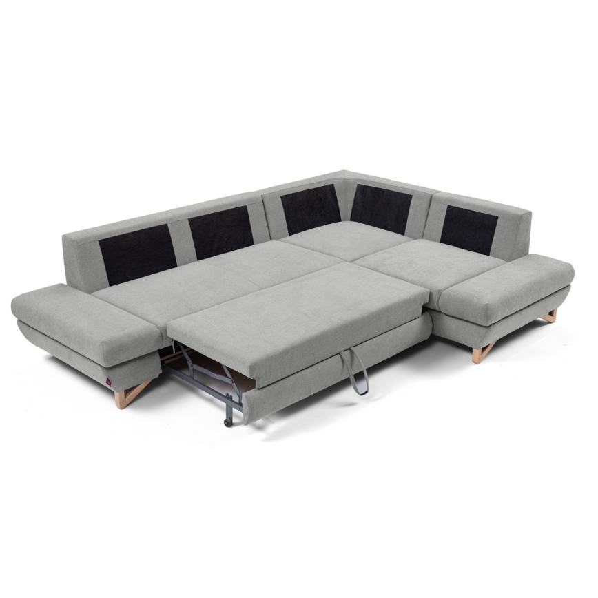 Sofá esquinero tapizado convertible en cama con arcón de almacenamiento en L AVESTA, orientación derecha, gris
