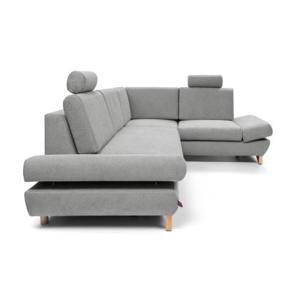 Sofá esquinero tapizado convertible en cama con arcón de almacenamiento en L AVESTA, orientación derecha, gris