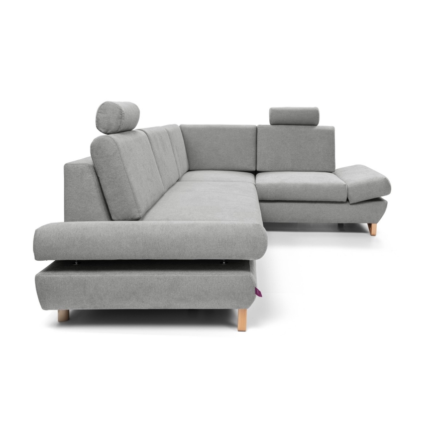 Sofá esquinero tapizado convertible en cama con arcón de almacenamiento en L AVESTA, orientación derecha, gris