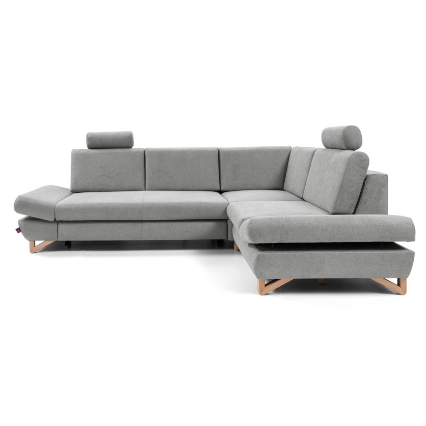 Sofá esquinero tapizado convertible en cama con arcón de almacenamiento en L AVESTA, orientación derecha, gris