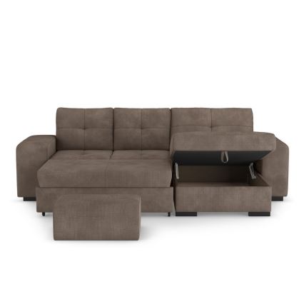 Sofá cama PALERMO marrón con arcón y taburete, orientación derecha