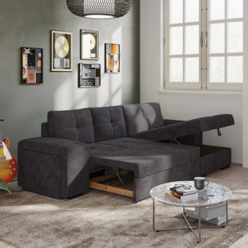 Sofá cama PALERMO negro con arcón y puf, orientación derecha