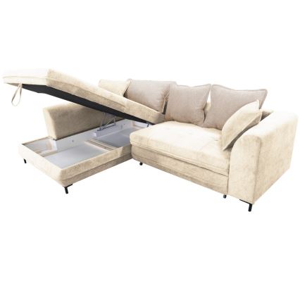 Sofá cama esquinero en L con arcón LAGOA, orientación izquierda, beige/marrón