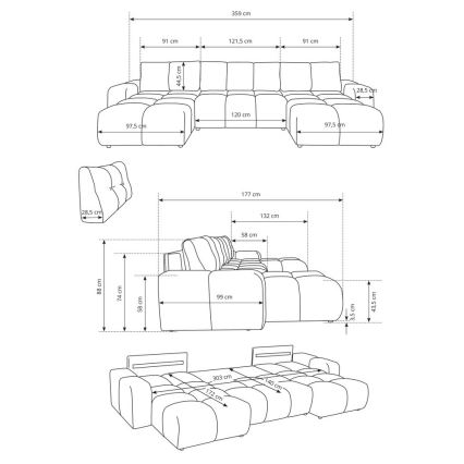 Sofá cama tapizado en U ALMADA con arcón de almacenamiento, beige