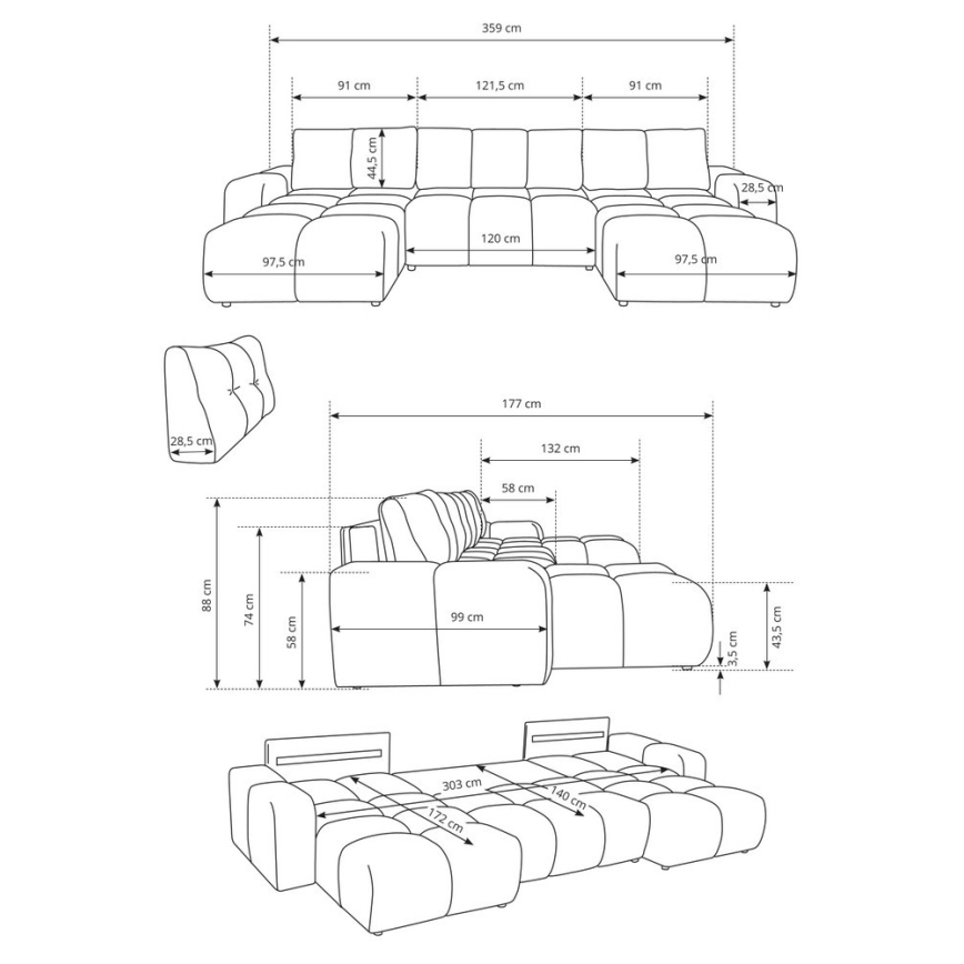 Sofá cama tapizado en U ALMADA con arcón de almacenamiento, beige