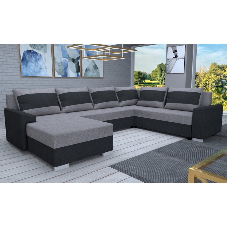 Sofá cama tapizado en U OXFORD, versátil y convertible, negro/gris