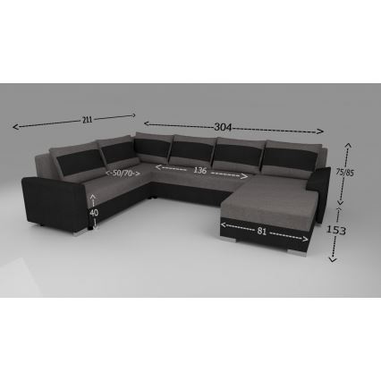Sofá cama tapizado en U OXFORD, versátil y convertible, negro/gris