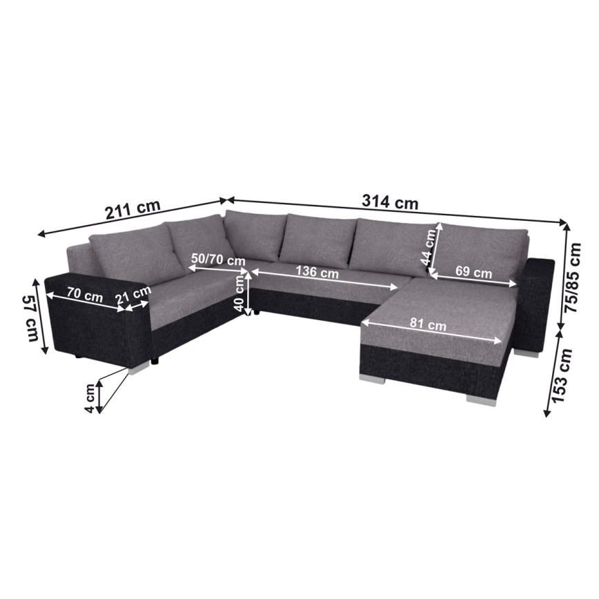 Sofá cama tapizado en U YORK, reversible, gris/negro