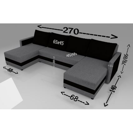 Sofá cama universal tapizado en forma de U BRISTOL gris/negro