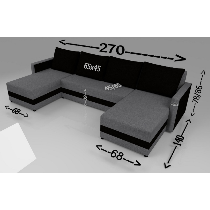 Sofá cama universal tapizado en forma de U BRISTOL gris/negro