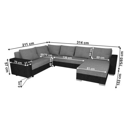 Sofá cama universal tapizado en forma de U YORK blanco/gris