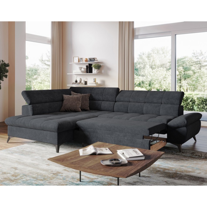 Sofá esquinero abatible en L MARANO izquierdo negro