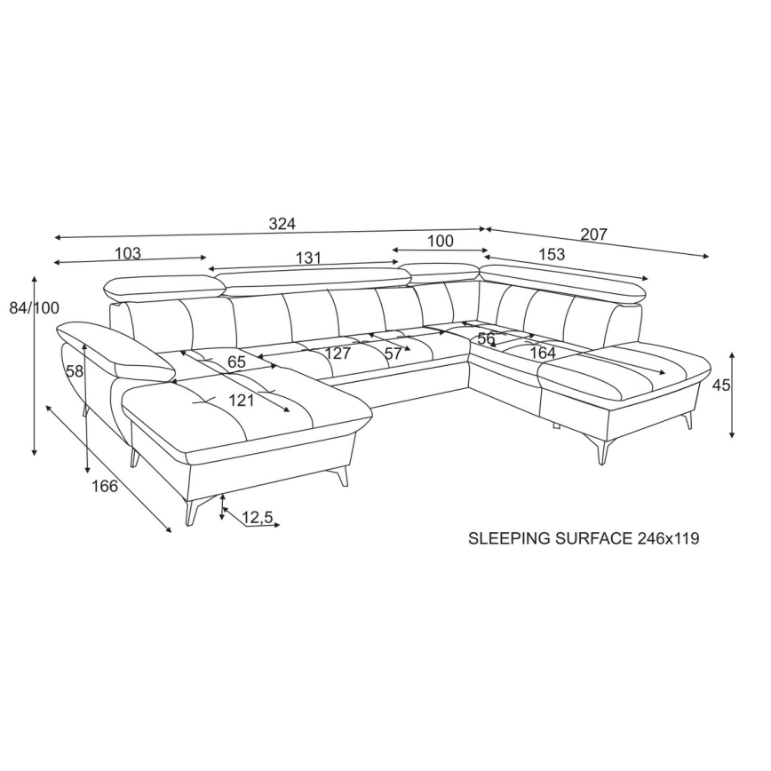 Sofá esquinero abatible en forma de U CATANIA con espacio de almacenamiento, lado derecho, color grafito