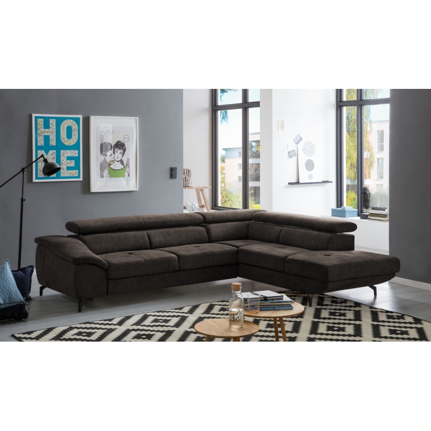 Sofá esquinero extensible en L BRESCIA con almacenamiento, lado derecho, color marrón