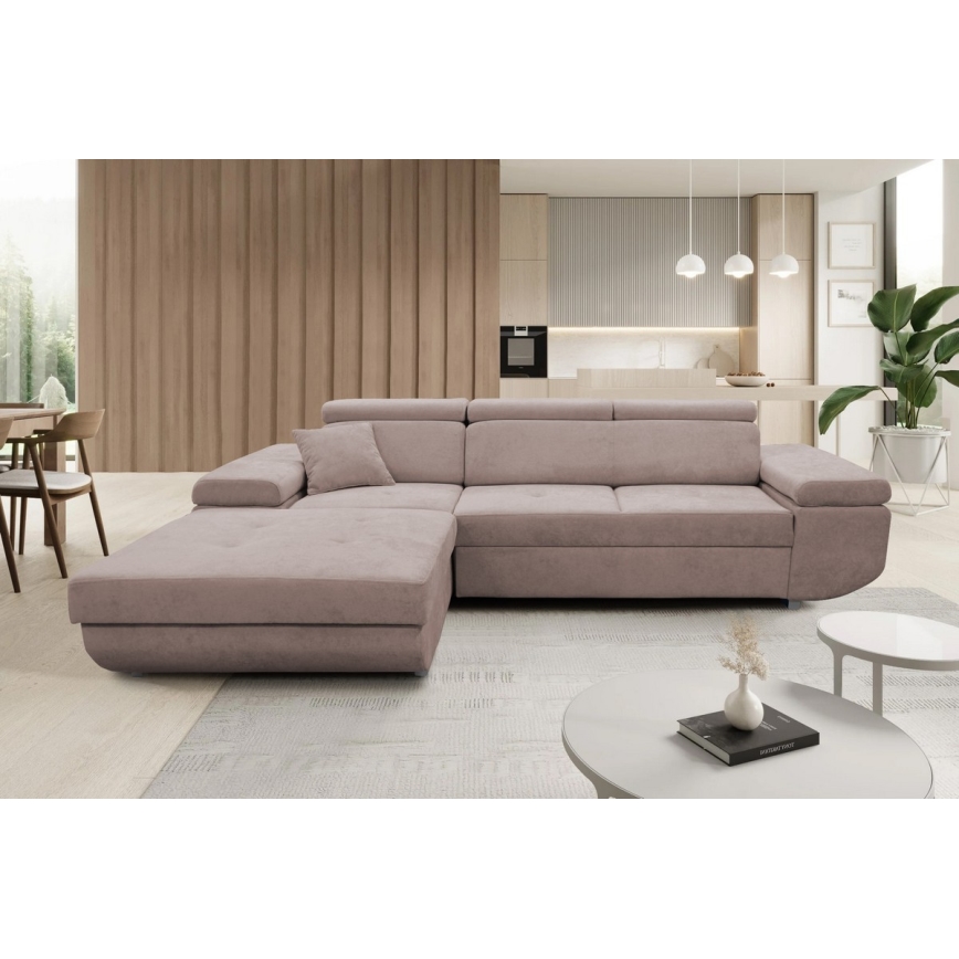 Sofá esquinero abatible en forma de L CASTELO con espacio de almacenamiento, lado izquierdo, color rosa