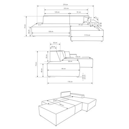 Sofá esquinero cama desplegable en L TERAMO con espacio de almacenamiento, orientación derecha, beige