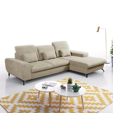 Sofá esquinero cama tapizado ALTA en L, con arcón, chaise a la derecha, beige