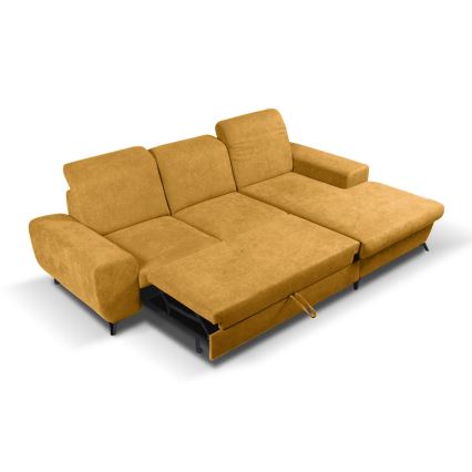 Sofá esquinero tapizado convertible en cama en L ALTA, con arcón de almacenamiento, versión derecha, color amarillo