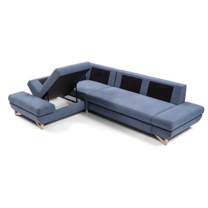 Sofá esquinero tapizado en L AVESTA, convertible en cama con arcón, chaise a la izquierda, azul
