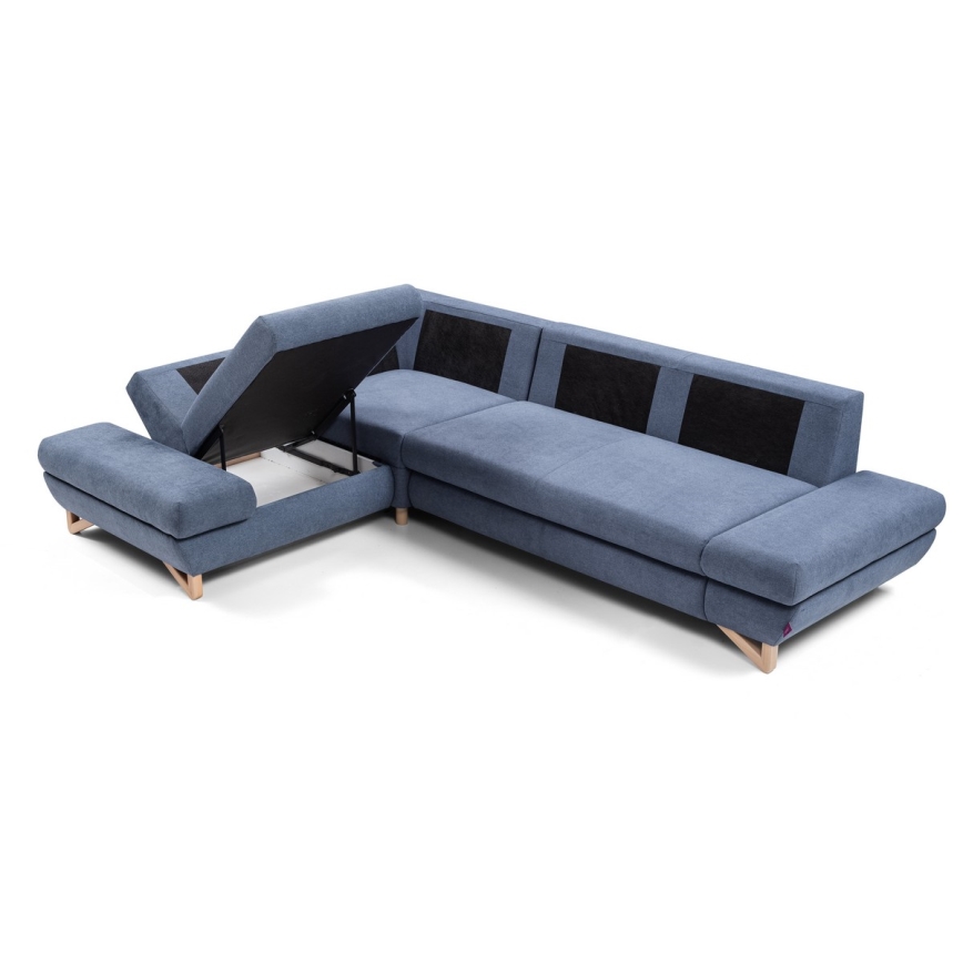 Sofá esquinero tapizado en L AVESTA, convertible en cama con arcón, chaise a la izquierda, azul