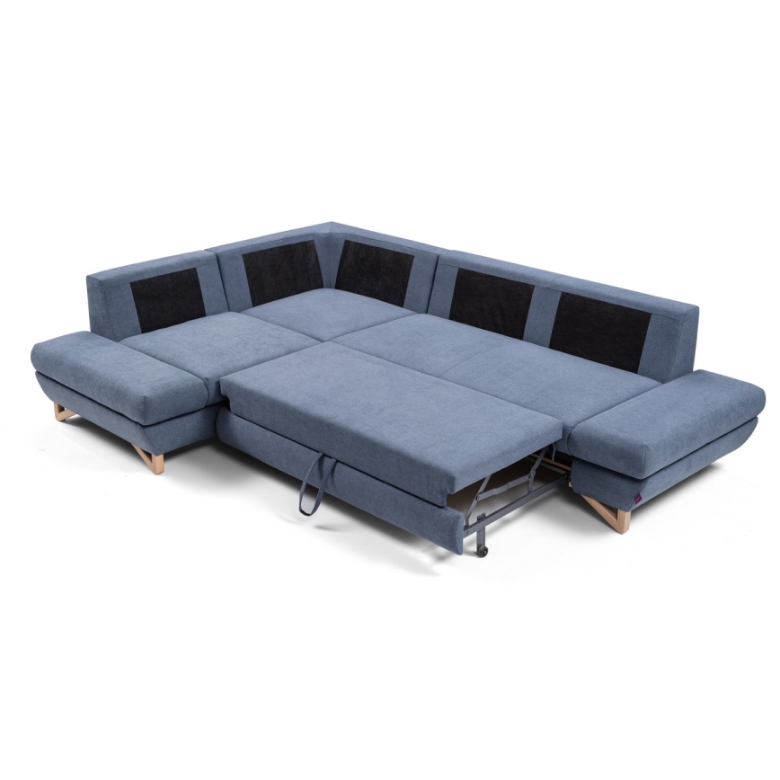 Sofá esquinero tapizado en L AVESTA, convertible en cama con arcón, chaise a la izquierda, azul
