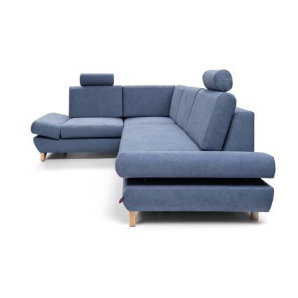 Sofá esquinero tapizado en L AVESTA, convertible en cama con arcón, chaise a la izquierda, azul