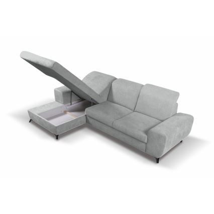 Sofá cama esquinero tapizado en forma de L ALTA, con arcón de almacenaje, versión izquierda, gris
