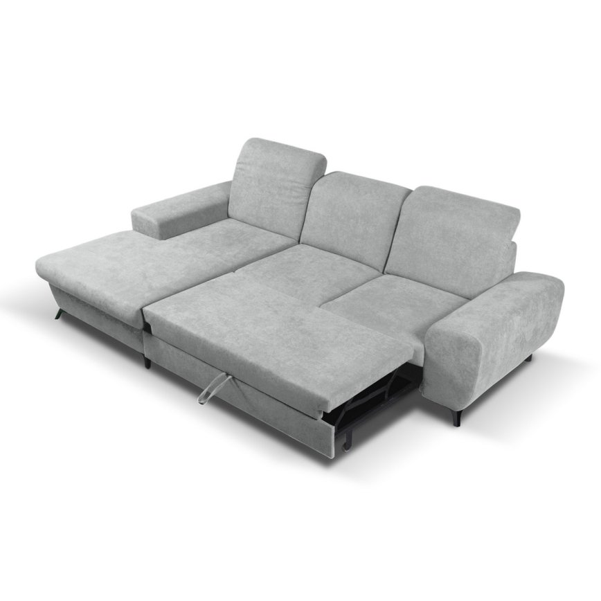 Sofá cama esquinero tapizado en forma de L ALTA, con arcón de almacenaje, versión izquierda, gris
