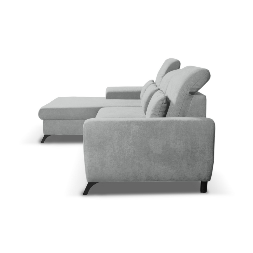 Sofá cama esquinero tapizado en forma de L ALTA, con arcón de almacenaje, versión izquierda, gris