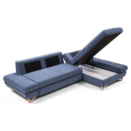 Sofá esquinero tapizado en L, convertible en cama, con arcón de almacenamiento AVESTA, orientación derecha, azul