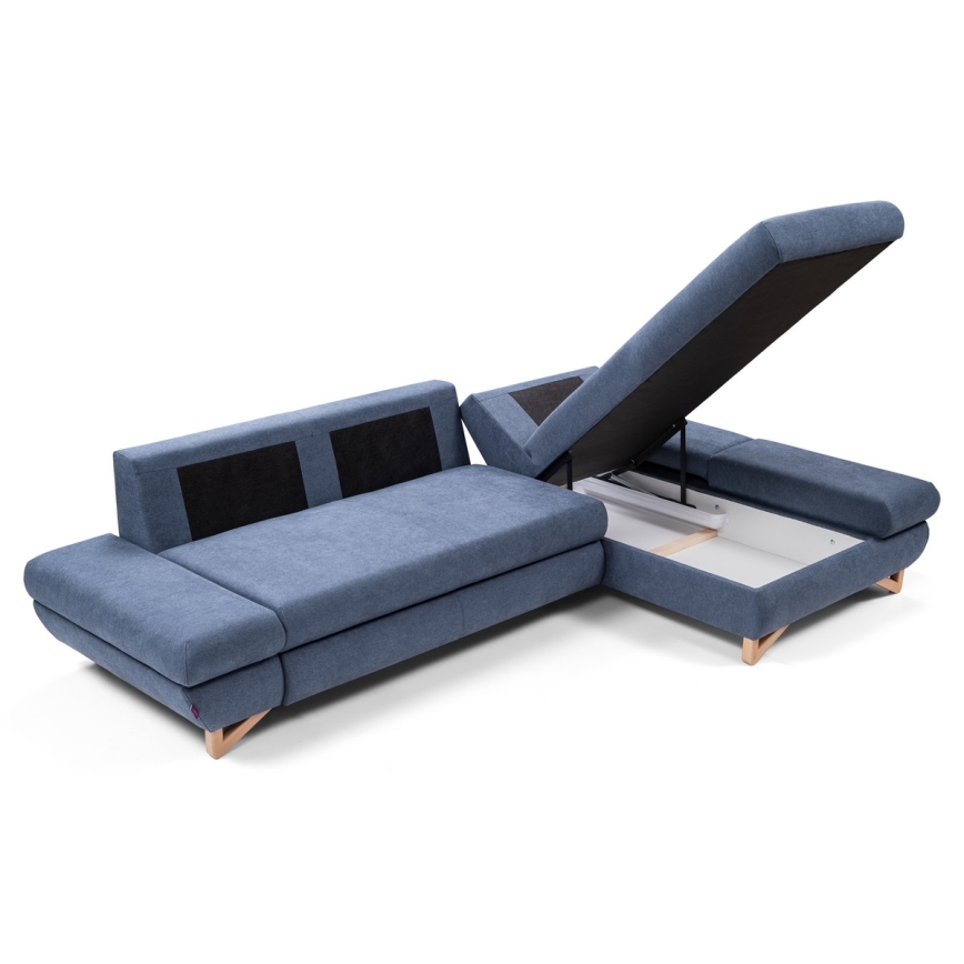 Sofá esquinero tapizado en L, convertible en cama, con arcón de almacenamiento AVESTA, orientación derecha, azul