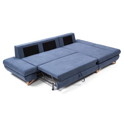 Sofá esquinero tapizado en L, convertible en cama, con arcón de almacenamiento AVESTA, orientación derecha, azul