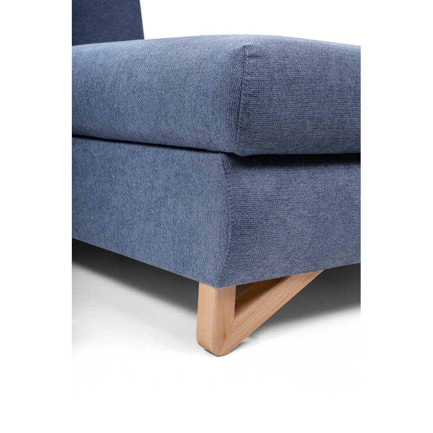 Sofá esquinero tapizado en L, convertible en cama, con arcón de almacenamiento AVESTA, orientación derecha, azul