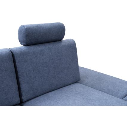 Sofá esquinero tapizado en L, convertible en cama, con arcón de almacenamiento AVESTA, orientación derecha, azul