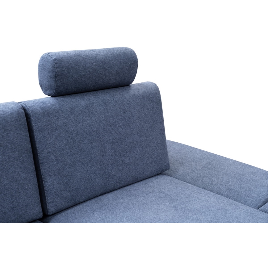 Sofá esquinero tapizado en L, convertible en cama, con arcón de almacenamiento AVESTA, orientación derecha, azul